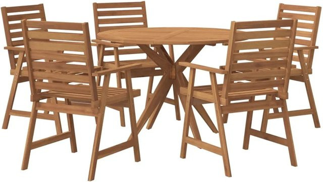vidaXL Garten-Essgruppe aus Akazien-Massivholz, 6-teilig, braun, runder Tisch im Latten-Design, rustikal - Bild 1
