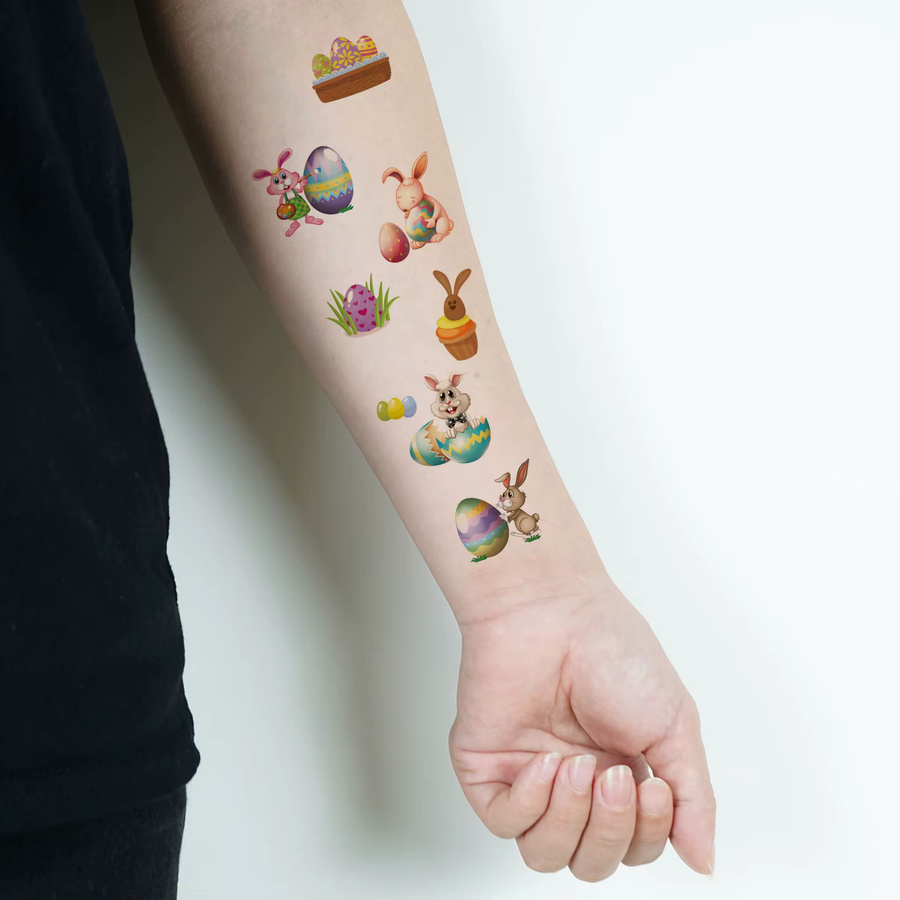 10-teiliges Set temporäre Tätowierung, Ostertag Cartoon Kaninchen und bunte Eier Muster, wasserdichte langlebige Tattoo Aufkleber - Bild 2