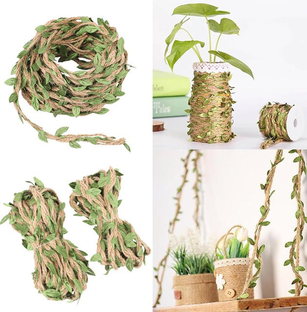 ZQNYCY Sackleinenblattband mit grünen Blättern und Hanfseil, 10 Meter Dekoband aus Jute für DIY-Dekorationen, Hochzeiten und Geschenke - Bild 1