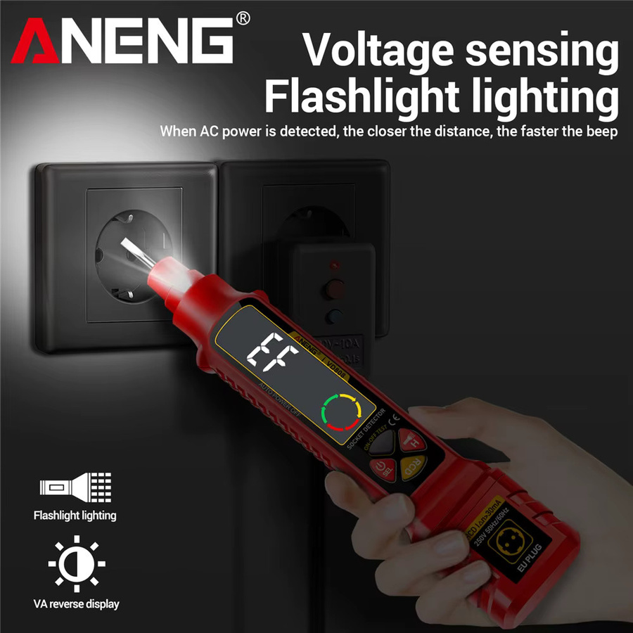 ANENG VD808 Socket Power Tester Professioneller AC/DC Spannungsmesser mit NCV Spannungssensor zur Leitungsdetektion und Polaritätsprüfung in Schwarz und Rot - Bild 3