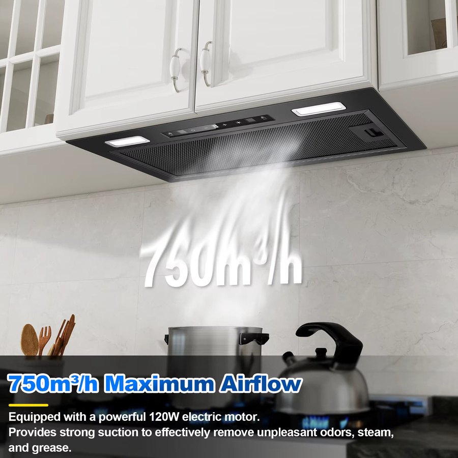 KICHPOWER Einbau-Dunstabzugshaube in Schwarz mit Gesten- und Touch-Steuerung, 750 m³/h Saugkraft, A+++ Energieeffizienz und 64 dB Geräuschpegel, Breite: 52 cm - Bild 5