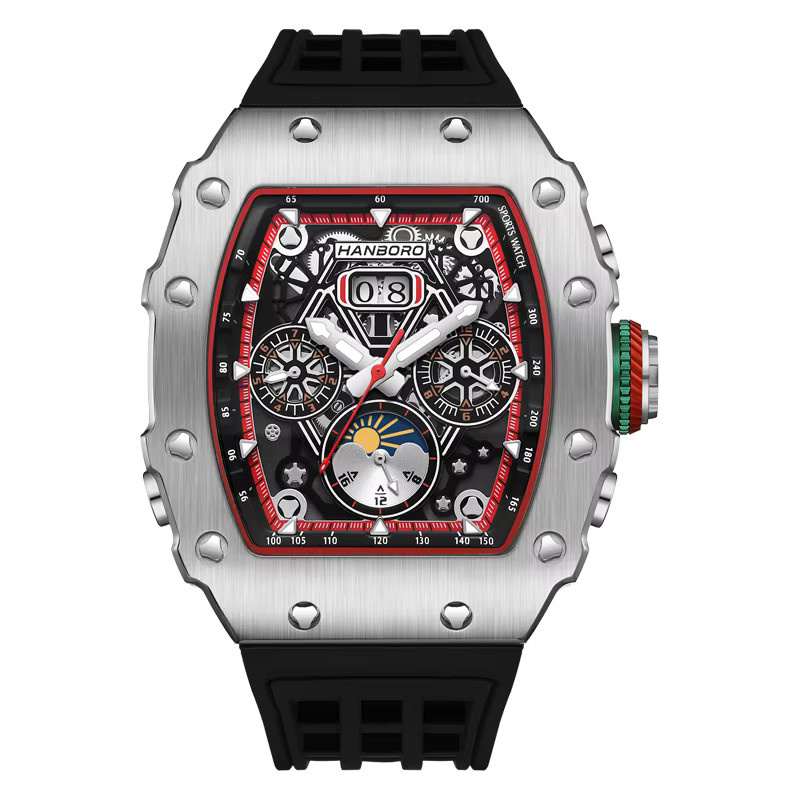 HANBORO Armbanduhr Automatik, Tonneau, Edelstahl, Silikon, Schwarz, Herren - Bild 2