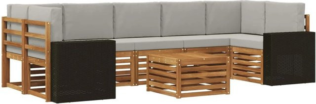 vidaXL Outdoor-Sofagarnitur L-Form aus Massivholz Akazie mit 8 Kissen in Natur und Hellgrau - Bild 1