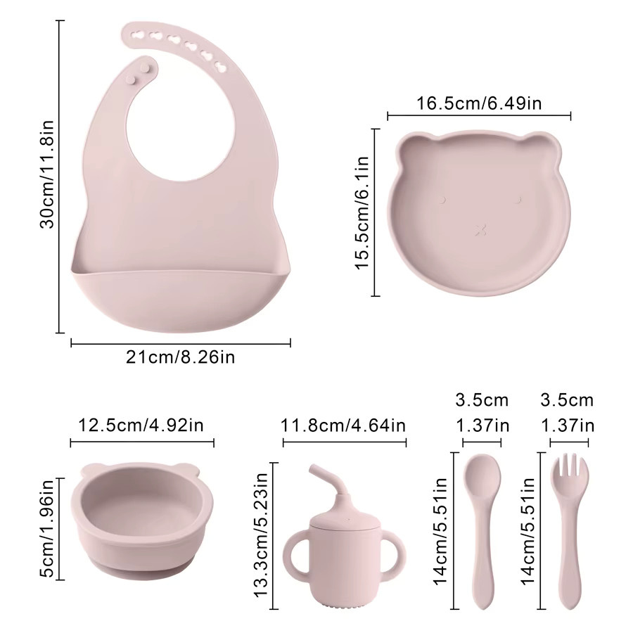 Baby Fütterungsset aus Silikon mit verstellbarem Lätzchen, Schüssel, Tasse und Utensilien im Cartoon Bär Design in Sand und Pink - Bild 2