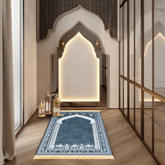 VIKAMA Gebetsteppich aus Polyester in Blau, rutschfeste islamische Salah-Matte im orientalischen Design für Zuhause und Reisen - Bild 1