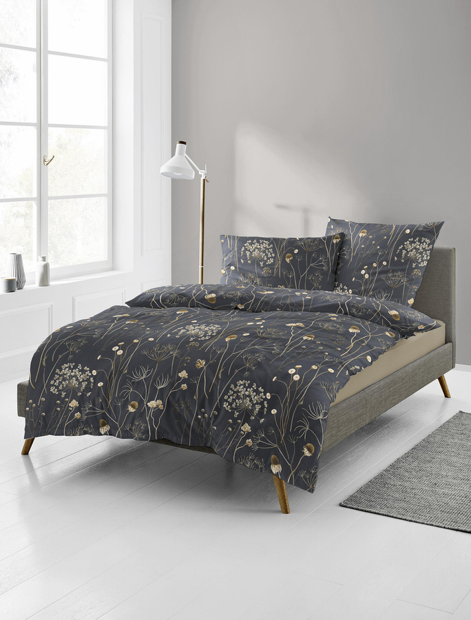 Bierbaum Biber Bettwäsche Wiesenblumen und Gräser aus Baumwolle Anthrazit Gold B/H: 135 x 200 cm mit Kissenbezug 80 x 80 cm - Bild 1