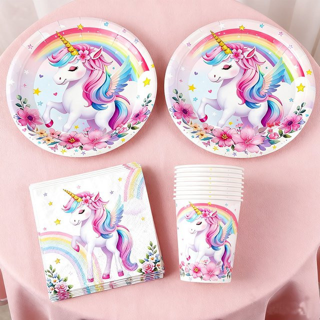 XMSJ Einhorn Partyzubehör Set aus Pappbechern, Tellern und Servietten in Mehrfarbig für Kindergeburtstage und Babypartys - Bild 1
