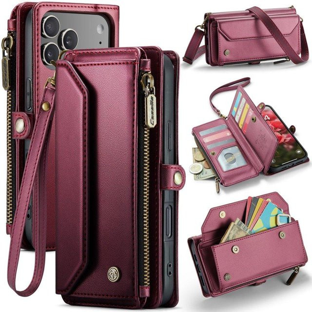 Mellow Home Lederhülle mit RFID-Schutz und Crossbody-Gurt für iPhone 17 Pro Max, iPhone 17 Pro und iPhone 17 Air, Geldbörse mit Reißverschluss in Rot - Bild 1
