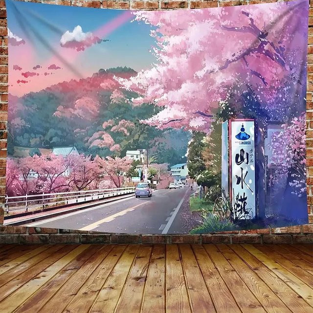 VIKAMA Ukiyo-e Wandteppich mit Berg Fuji, japanische Wellen und Kirschblüten in Multicolour - Bild 1
