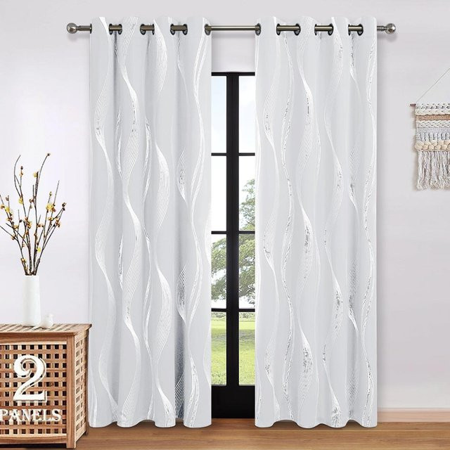 Verdunkelungsvorhang von Yiran Furniture mit silbernem Wellenmuster in Weiß, thermoisolierend und mit Ösen, Breite: 132 cm, Höhe: 213 cm - Bild 1