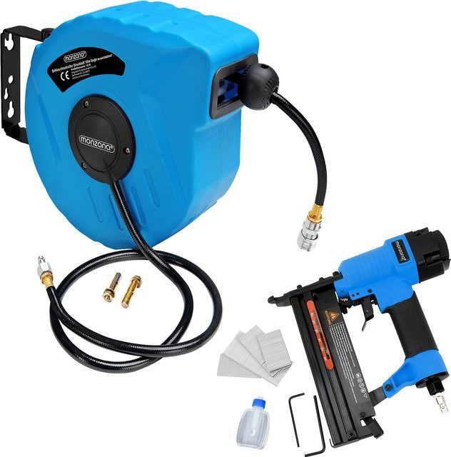 Monzana Druckluft-Set bestehend aus Druckluft-Tacker und 10m Druckluftschlauch-Aufroller in Blau-Schwarz, Wandmontage - Bild 1