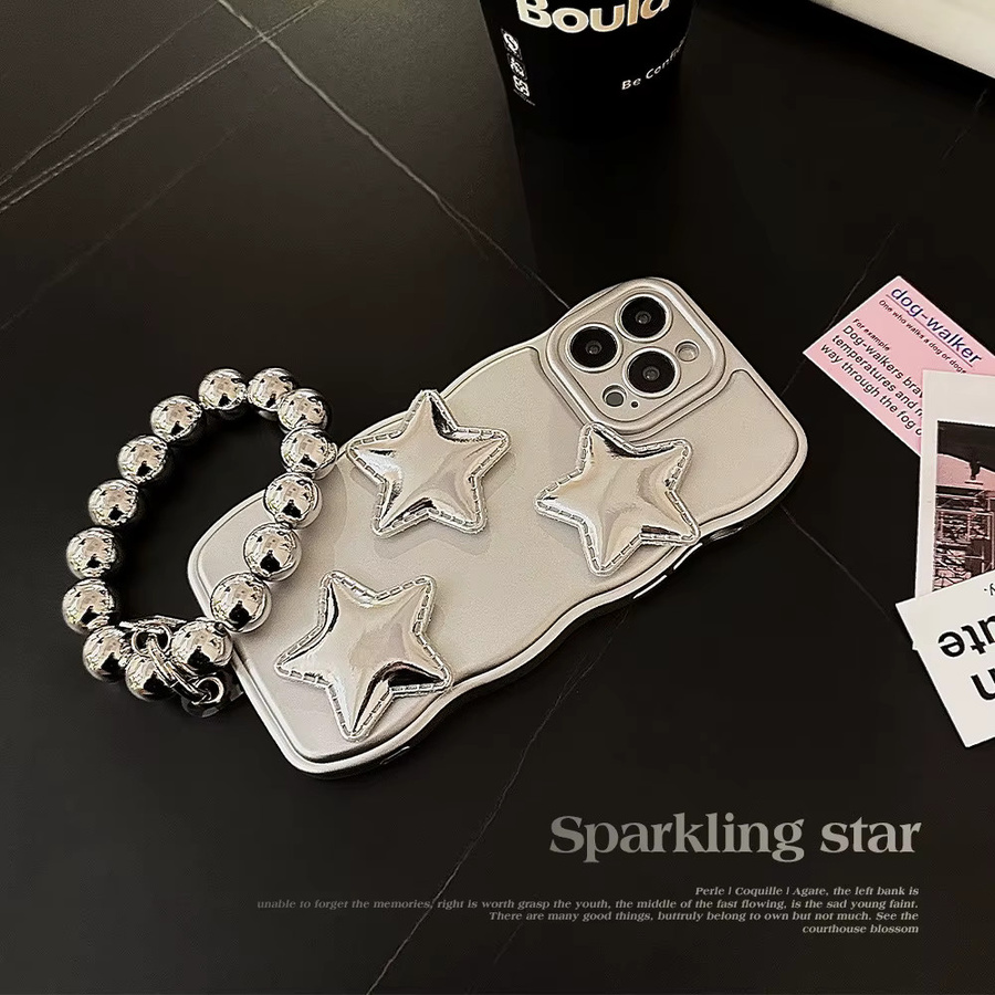 MUQGEW Handyhülle mit 3D Puff Star Design und Armbandkette für iPhone 11 bis 16 Pro Max, silber, stoßfeste Abdeckung - Bild 3