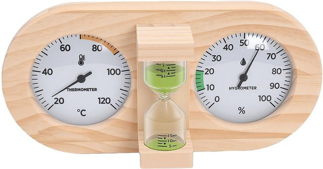 ZY-Beauty-N 2-in-1 Sauna-Thermometer und Hygrometer mit 15-Minuten-Sanduhr aus Holz und Glas in Weiß - Bild 1