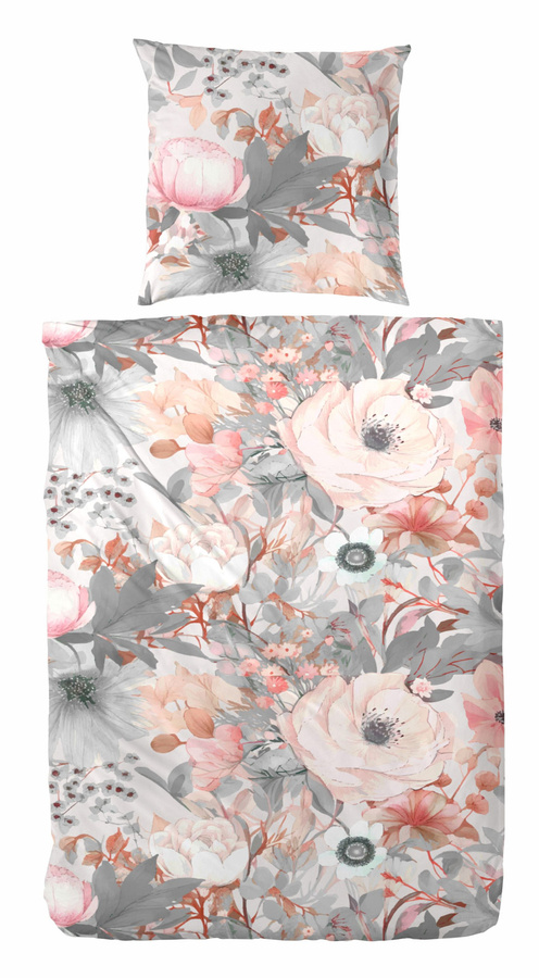 Primera Mako-Satin Bettwäsche mit floralem Rosenmuster in Weiß, Silber und Rosa, B/H: 135 x 200 cm mit Kissenbezug 80 x 80 cm - Bild 1