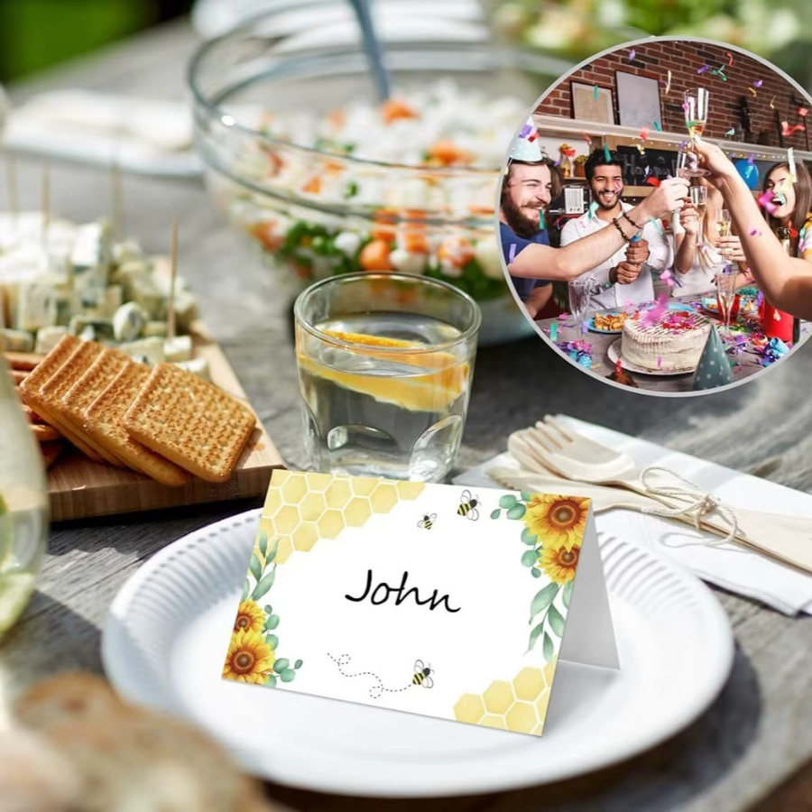 Cartoon Sonnenblume und Biene Tischkarten aus Papier für Hochzeit, Geburtstag oder Party in Gelb - Bild 3