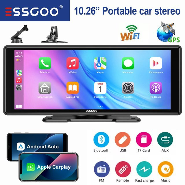 ESSGOO Tragbares universelles Autoradio mit 10,26 Zoll HD IPS Touchscreen, Apple CarPlay, Android Auto, GPS, WiFi und Bluetooth in Schwarz - Bild 1