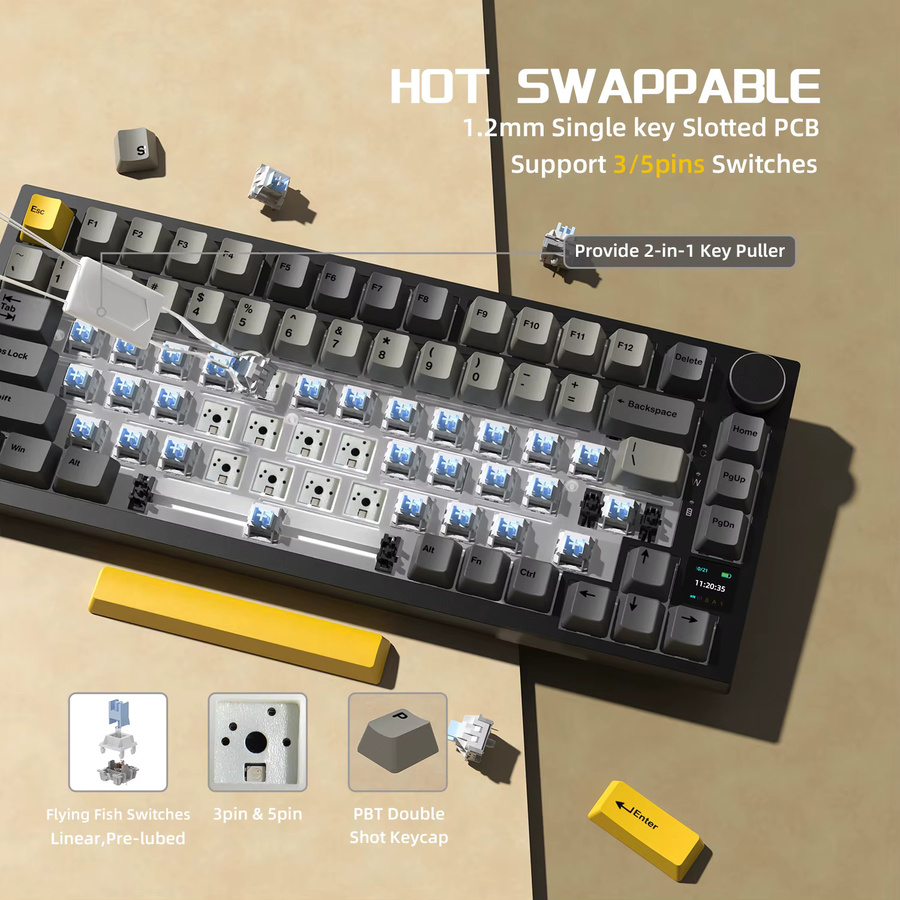Ajazz AK820 PRO Mechanische Tastatur in Purple mit TFT Smart Display und Drehregler, 75% ANSI-Layout, Hot-Swap Linear Switches, kabellos via 2,4G/Bluetooth 5.1 oder USB-C - Bild 5