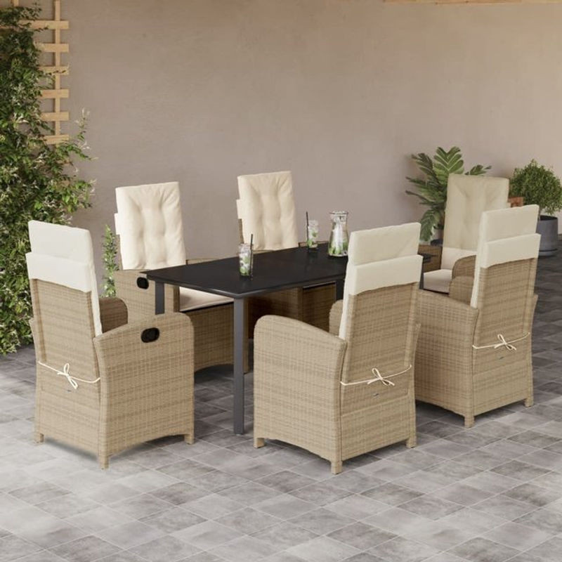 Vidaxl Gartenmöbel-Set aus Polyrattan mit Kissen und Glastisch, 7-teilig, Beige - Bild 1