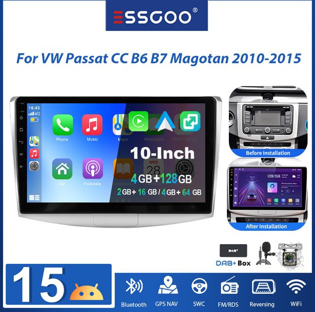 ESSGOO 10 Zoll Android 15 Autoradio für VW Passat B7 CC Magotan 2010-2015 mit GPS, kabellosem Carplay, Android Auto, Bluetooth und WLAN in Schwarz - Bild 1