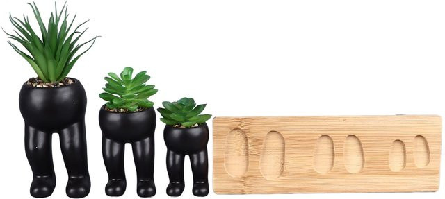 3er-Set künstliche Sukkulentenpflanzen in menschenförmigen Keramiktöpfen von OutsideWorld, beige und schwarz, moderne Tischdekoration - Bild 1