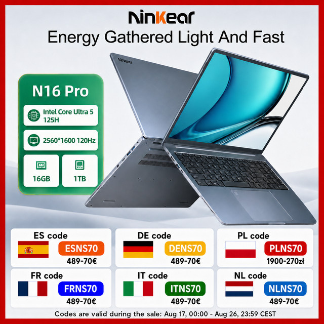 Ninkear Laptop 16 Zoll AI Notebook mit Intel Core Ultra 5 125H, 2.5K 120Hz Display, 16GB DDR4 RAM, 1TB SSD, WiFi 6, Bluetooth 5.2, Hintergrundbeleuchtete Tastatur und Fingerabdrucksensor, Grau - Bild 1
