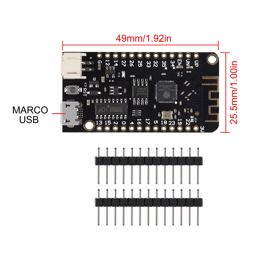 AOKIN ESP-32 Lite V1.0.0 Entwicklungsboard mit WiFi, Bluetooth und Antenne, ESP32 REV1 CH340G, 4MB, Type-C und Micro-USB, Schwarz - Bild 2