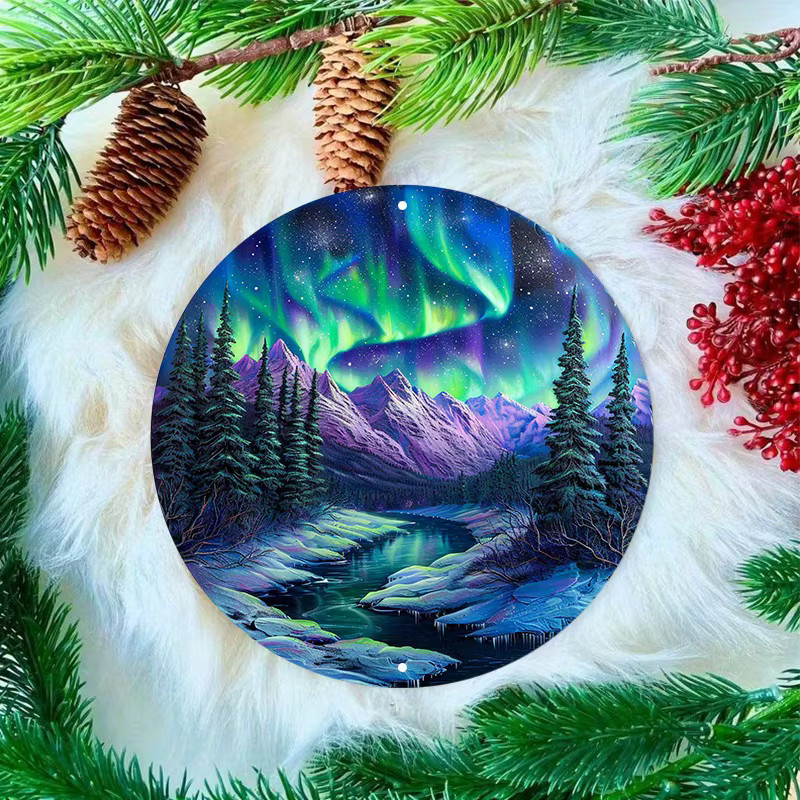Rundes Aluminium-Metallschild Potdemiel mit Nordlichter-Landschaft, wetterbeständige Außenwanddekoration, Durchmesser: 20 cm, Mehrfarbig - Bild 5