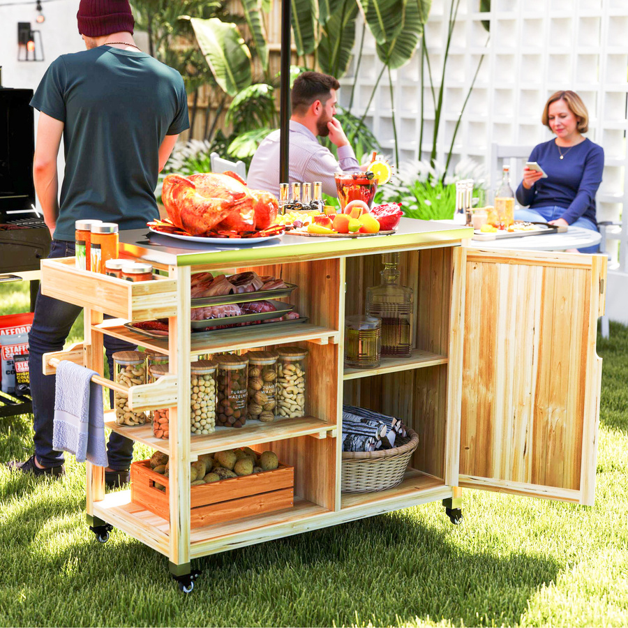 Outsunny Grillwagen aus Holz in Braun mit 6 Etagen und Arbeitsfläche, BBQ Beistelltisch mit Edelstahl-Elementen und Rollen, B/T/H: 134,5 x 50 x 91,5 cm - Bild 2