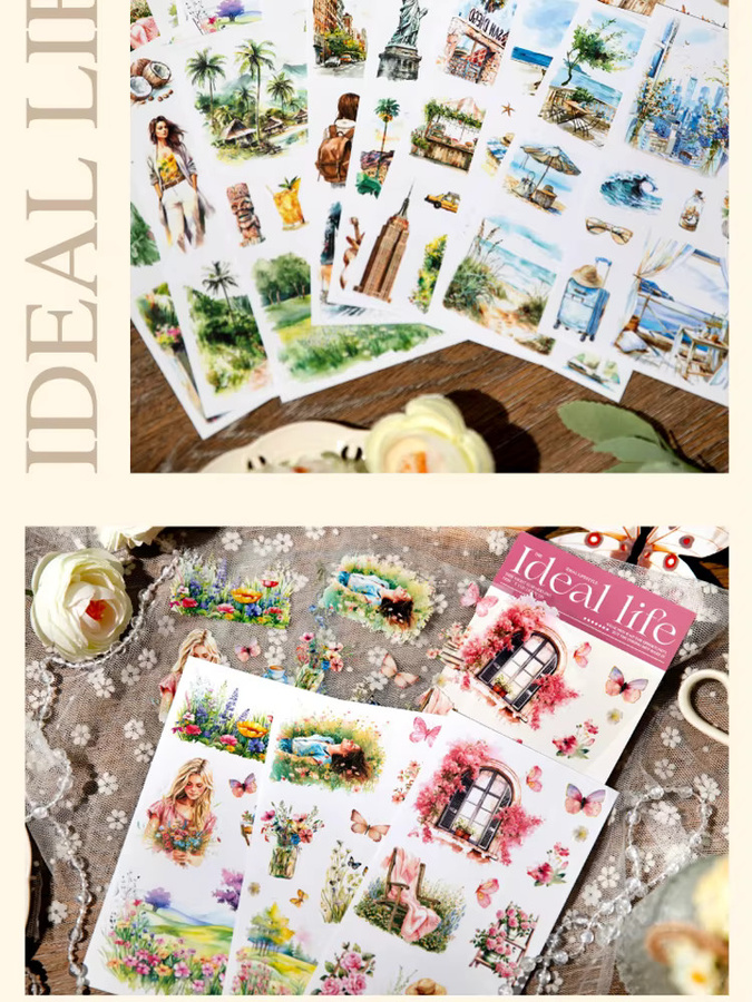 6er Set Landschafts-Aufkleber mit floralen Motiven in Mehrfarben für DIY-Dekoration und Sammelalben - Bild 3