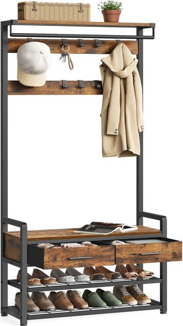 VASAGLE Garderobenständer mit Schuhbank und Haken, Braun-Schwarz, B/T/H: 80,4 x 30 x 181,6 cm - Bild 2