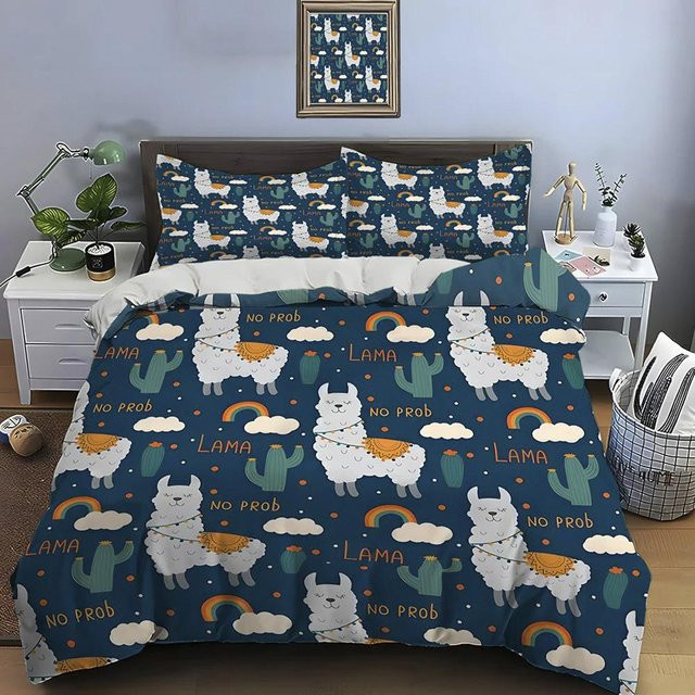 Bettwäscheset mit Lama Alpaka Print von JMG Household Supplies, Blau, B/H: 135 x 200 cm, bestehend aus 1 Bettbezug und 2 Kissenbezügen aus Mikrofaser - Bild 1