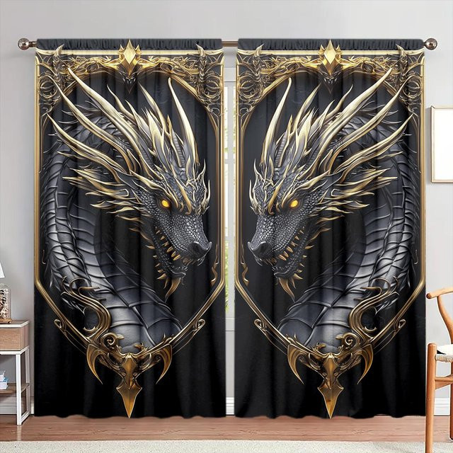 2er-Set Vorhang mit 3D-Drachenprint in Schwarz, halbtransparent, Breite: 107 cm, Höhe: 160 cm - Bild 1