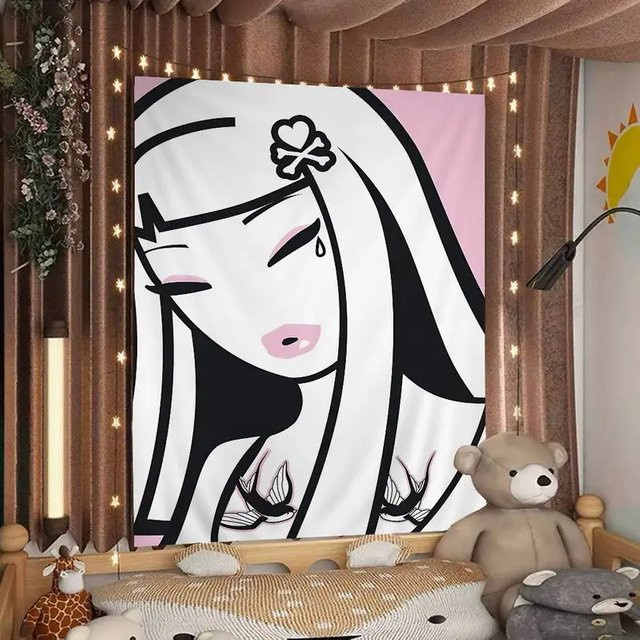 VIKAMA Cartoon Wandteppich mit personalisiertem Kinderporträt in Multicolour als kreativer Wandbehang für dein Schlafzimmer - Bild 1