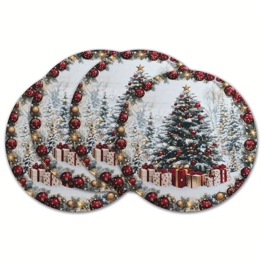 VIKAMA 4-teiliges Weihnachts-Tischset-Set mit Schneeszene, Weihnachtsbäumen und Geschenken in Rot, Weiß und Grün - Bild 4