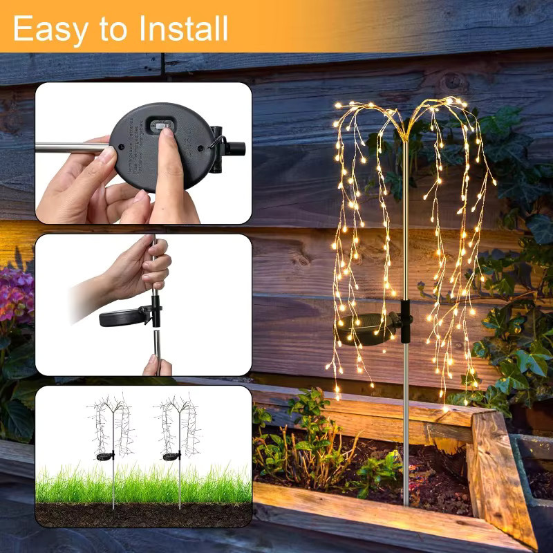 OKAL RED EAST Solar-Feuerwerkslichter in Weidenform für den Außenbereich, Warmweiß, IP65, 8 Beleuchtungsmodi für Garten und Hof - Bild 5