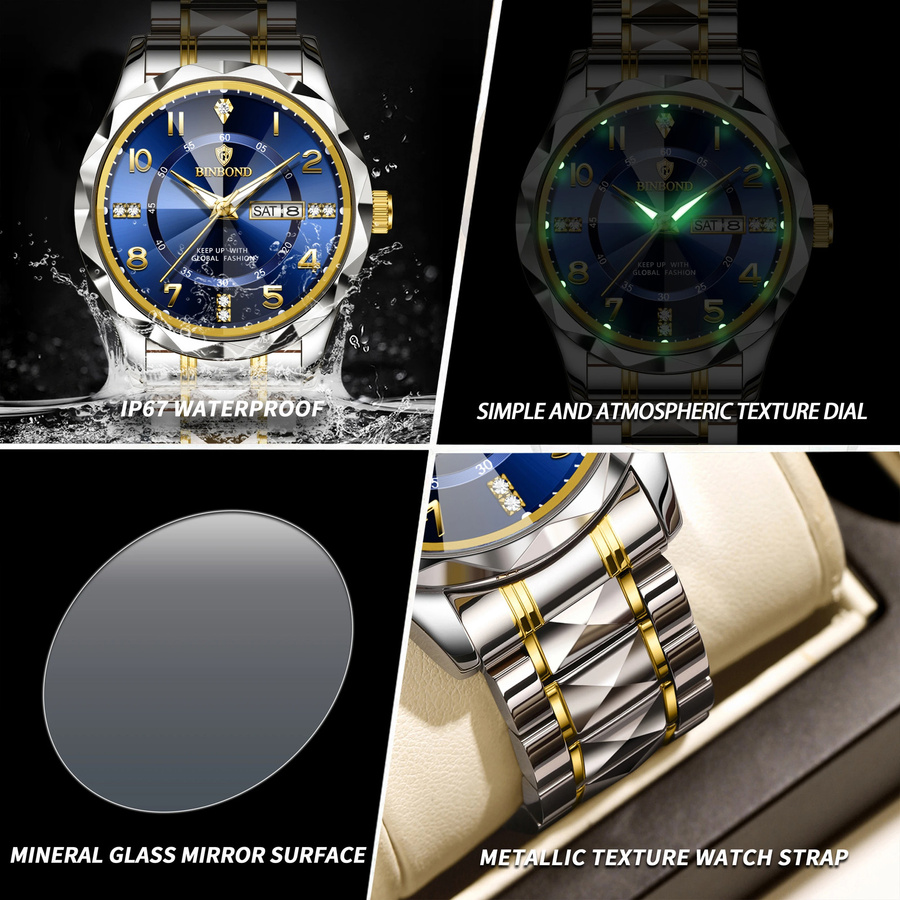 BINBOND Armbanduhr Edelstahl, Quarz, Blau, Herren - Bild 2