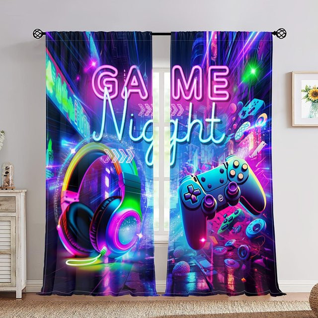 2-teiliges Gaming-Vorhang-Set mit Game-Controller-Motiv in Grün, halbtransparent, Breite: 100 cm, Höhe: 130 cm - Bild 1