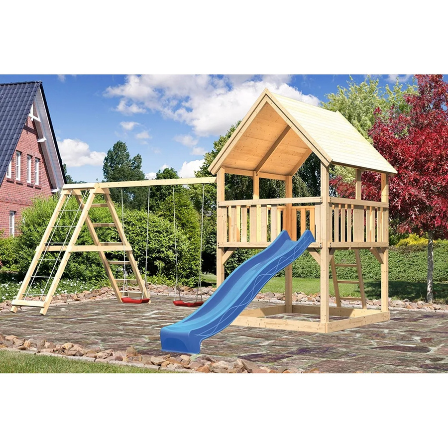 Karibu Spielturm Luis mit Satteldach, Doppelklettergerüst und Rutsche in Natur und Blau - Bild 2