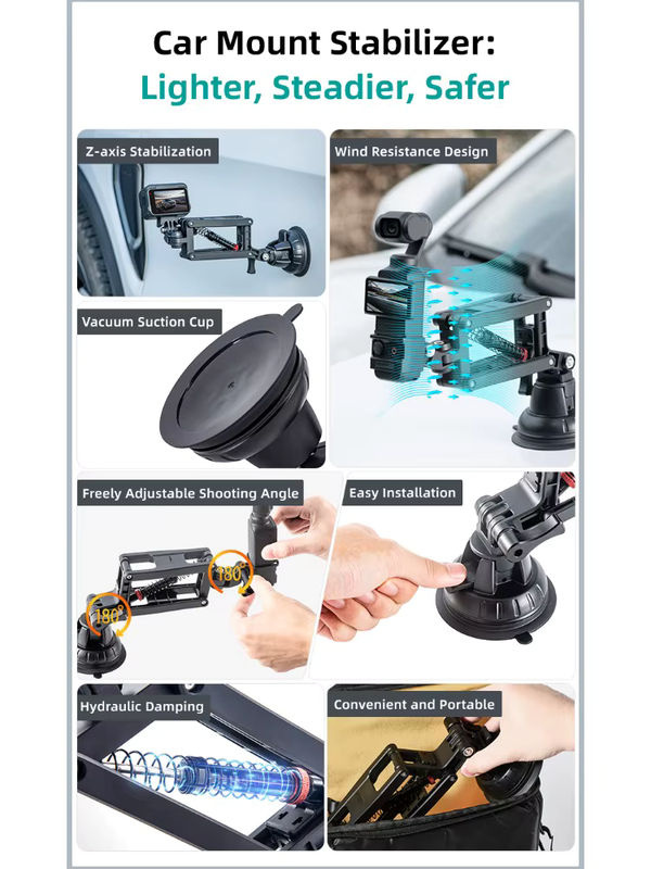 YOULIDA Auto Halterung mit Z-Achsen-Stabilisator und Saugnapf für DJI Pocket 3, Action 4/5 Pro, Insta360 X5 X4 GO3S und GoPro in Schwarz - Bild 7