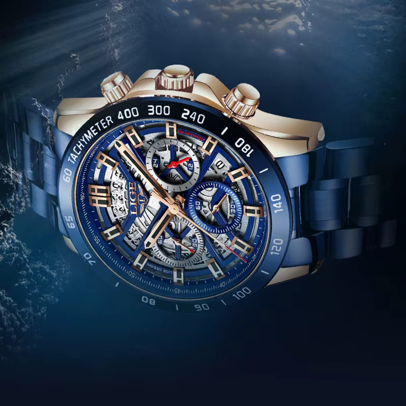 LIGE Chronograph, Quarz, Edelstahl, Blau, Herren - Bild 3