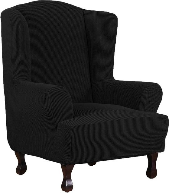 Cozy Up Home Ohrensessel-Schonbezug aus Jacquard-Stretch mit Karomuster in Schwarz, B: 92 cm, T: 81 cm, H: 114 cm - Bild 1