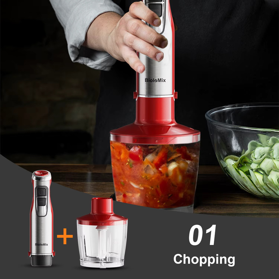 BioloMix 4-in-1-Stabmixer in Rot mit 1200 W, Edelstahl-Tauchmixer mit Zerkleinerer und Smoothie-Becher - Bild 2