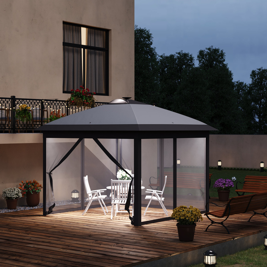 Outsunny Faltpavillon grau mit LED USB und Mesh-Seitenwänden aus Oxford-Gewebe, B/T/H: 330 x 330 x 288 cm - Bild 2