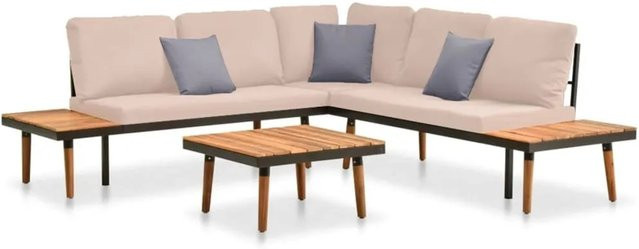 vidaXL 4-tlg Garten-Lounge-Set L-Form aus Akazienholz und Metall mit Kissen in Grau, Beige oder Braun - Bild 1