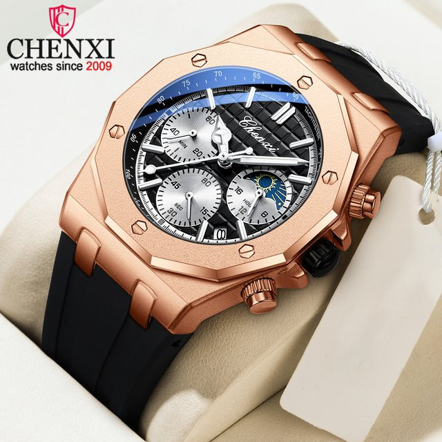 CHENXI Chronograph, Quarz, Edelstahl, Bicolor, Silikonarmband, Herren - Bild 1
