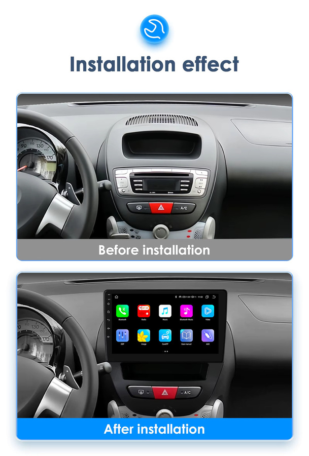 OSSURET Android Auto und CarPlay Multimedia Radio mit GPS, 4G und WIFI für Citroen C1, Peugeot 107 und Toyota Aygo, Schwarz, 2 DIN - Bild 3