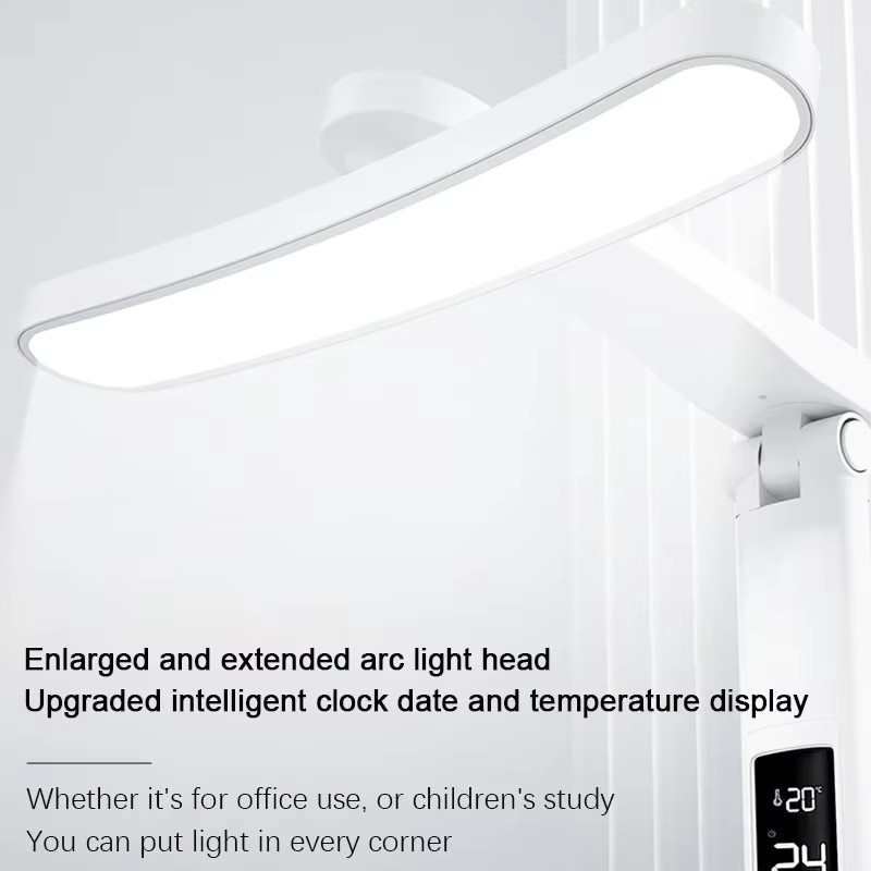 Dimmbare LED Tischlampe mit Uhr und USB-Aufladung in Weiß, faltbare Schreibtischleuchte mit Augenschutz für Home Office und Nachtlicht - Bild 2