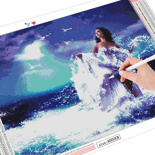 FIYO 5D-Diamantgemälde Portrait Frau in Blau, Kreuzstich-Stickerei mit vollen runden Diamanten, B/H: 20 x 30 cm - Bild 1