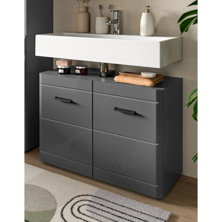 Inn.Furn Waschbeckenunterschrank Grau Hochglanz mit Soft-Close und Regalfächern, Breite: 80 cm - Bild 2