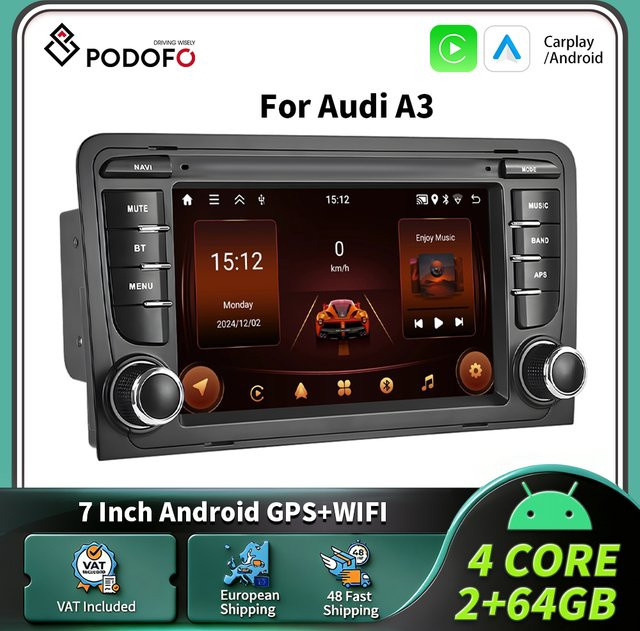 Podofo 7-Zoll Carplay Android Autoradio für Audi A3 8P 2006-2012 S3 RS3 Sportback mit GPS und RDS in Schwarz - Bild 1